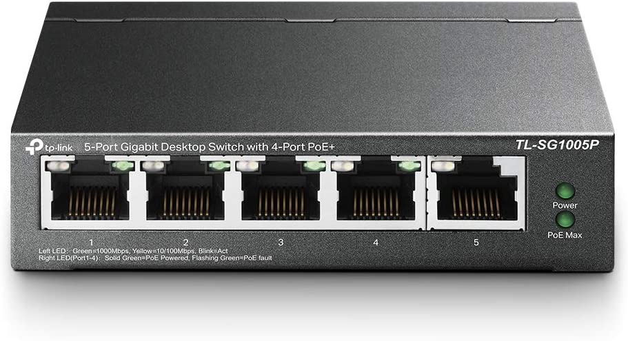 TP-Link TL-SG1005P V2 or later | 5 Port Gigabit PoE Switch | 4 PoE+ Ports @65W | Desktop | Plug &amp; Play | Sturdy Metal w/ Shielded Ports | Fanless | Limited Lifetime Protection | QoS &amp; IGMP Snooping Unmanaged 5 Port w/4 PoE+ Port