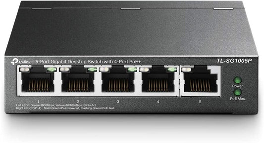 TP-Link TL-SG1005P V2 or later | 5 Port Gigabit PoE Switch | 4 PoE+ Ports @65W | Desktop | Plug &amp; Play | Sturdy Metal w/ Shielded Ports | Fanless | Limited Lifetime Protection | QoS &amp; IGMP Snooping Unmanaged 5 Port w/4 PoE+ Port