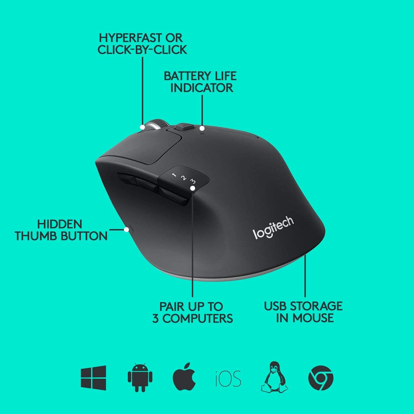Logitech M720 Triathalon Multi-Device Wireless Mouse – Easily Move Text, Images and Files Between 3 Windows and Apple Mac Computers Paired with Bluetooth or USB, Hyper-Fast Scrolling, Black