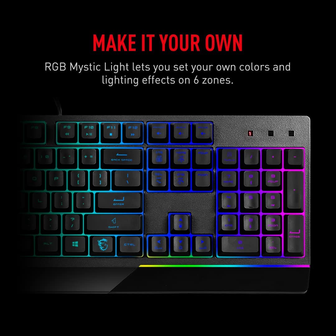 MSI Vigor GK30 RGB Gaming Keyboard, 6-Zone RGB Lighting, Water Repellent &amp; Splash-Proof, Mechanical-Like Plunger Switches