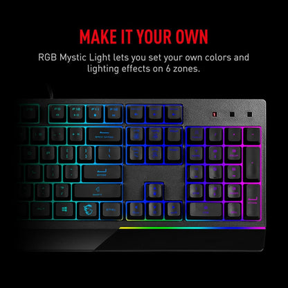 MSI Vigor GK30 RGB Gaming Keyboard, 6-Zone RGB Lighting, Water Repellent &amp; Splash-Proof, Mechanical-Like Plunger Switches