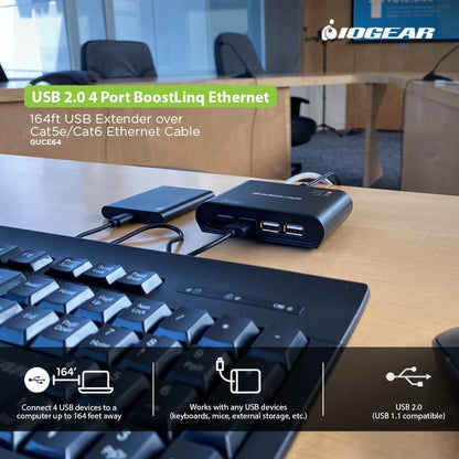 Iogear USB 2.0 4 Port USB Extender - Up To 165Ft - Cat5, Cat5e or Cat6 Ethernet - High Speed (480Mbps) - Plug-n-Play - TAA compliant - Windows - MacOS - GUCE64