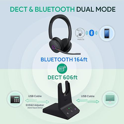 Yealink WH68 ANC DECT&Bluetooth Wireless Headset,606ft Long Rang Dual Ear Teams Headphones with 6X Noise Cancelling Mic, 32H Call, Work Active Noise Cancellation Stereo Headsets (PC,Cellphone,Laptop)