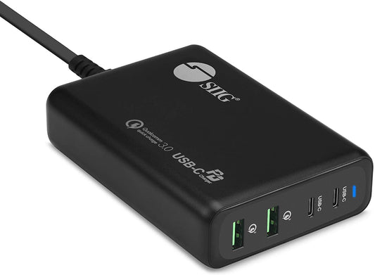 SIIG 100W Dual USB-C PD 3.0 &amp; QC 3.0 Combo Power Charger -Black, USB-C Charger,2X PD 3.0 USB-C + 2X QC 3.0 USB-A,for MacBook,iPad,iPhone,XPS,Galaxy and More Phone/Laptop/Tablet AC-PW1N11-S1