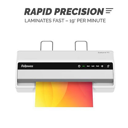 Fellowes Saturn 95 Thermal and Cold Laminator Machine with 10-Sheet Starter Kit, 9.5 inch, Easy and Fast Warm-Up, Jam-Free Design 9.5 Inch Starter Kit
