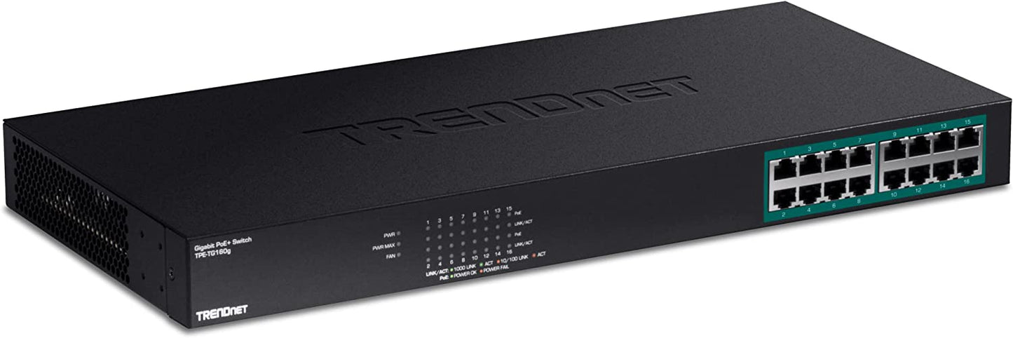 TRENDnet 16-Port Gigabit PoE+ Switch, 16 x Gigabit PoE+ Ports, 246W PoE Power Budget, 32 Gbps Switching Capacity, Desktop Switch, Ethernet Network Switch, Metal, Lifetime Protection, Black, TPE-TG160g
