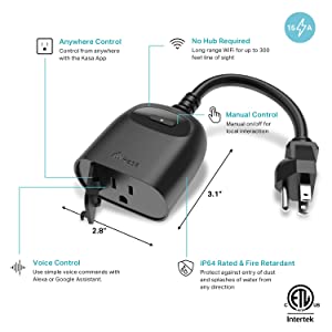 Kasa smart Kasa Outdoor Smart Plug, Smart Home Wi-Fi Outlet Timer, Max Load 15A/1875W, IP64 Weather Resistance, Compatible with Alexa, Google Home &amp; SmartThings, No Hub Required, ETL Certified(KP401) 1-Socket