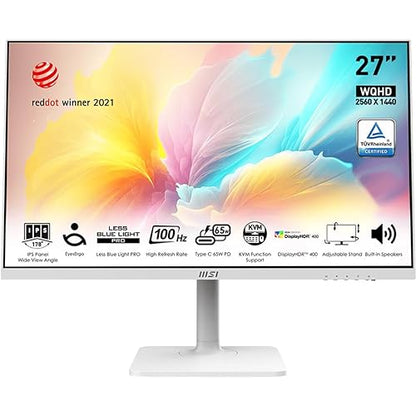 MSI QHD 16:9 Anti-Glare 5ms 2560 x 1440 100Hz Refresh Rate USB/DP/HDMI VESA-Mount Supported 27” Tilt/Swivel/Height Adjustable White IPS Monitor (Modern MD272QXPW)