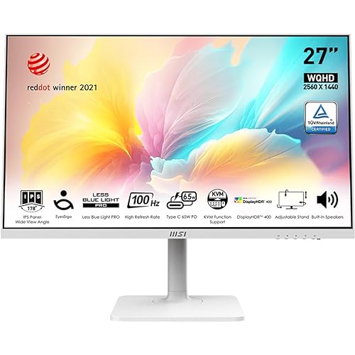 MSI QHD 16:9 Anti-Glare 5ms 2560 x 1440 100Hz Refresh Rate USB/DP/HDMI VESA-Mount Supported 27” Tilt/Swivel/Height Adjustable White IPS Monitor (Modern MD272QXPW)