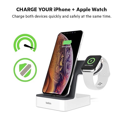 Belkin Powerhouse Charge Dock for Apple Watch + iPhone Charging Dock for iPhone Xs, XS Max, XR, X, 8/8 Plus and More, Apple Watch Series 4, 3, 2, 1 (Black) Black Charging Dock