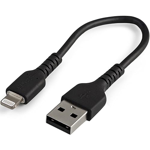 StarTech.com 6 inch (15cm) Durable Black USB-A to Lightning Cable - Heavy Duty Rugged Aramid Fiber USB Type A to Lightning Charger/Sync Power Cord - Apple MFi Certified iPad/iPhone 12 (RUSBLTMM15CMB) Black 15cm