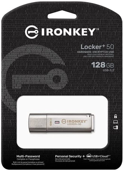 Kingston Ironkey Locker+ 50 128GB Encrypted USB Flash Drive | USB 3.2 Gen 1 | XTS-AES Protection | Multi-Password Security Options | Automatic Cloud Backup | Metal Casing | IKLP50/128GB