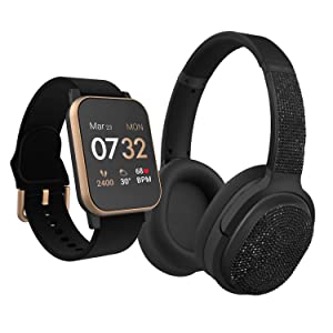Itouch Kendall &amp; Kylie Smart Watch Fitness Tracker, Heart Rate, Step Counter, Notifications, Touch Screen with Bluetooth Headphone Set for Women and Men (Rose/Black)