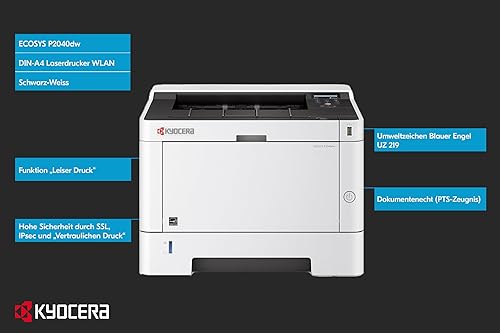 KYOCERA ECOSYS P2040dw Monochrome Network Laser Printer, 42 ppm, Up to Fine 1200 dpi, Standard Duplex, Gigabit Ethernet, USB, Wireless & Wi-Fi Direct, Mobile Print, 256 MB Memory, 2 Line LCD Screen