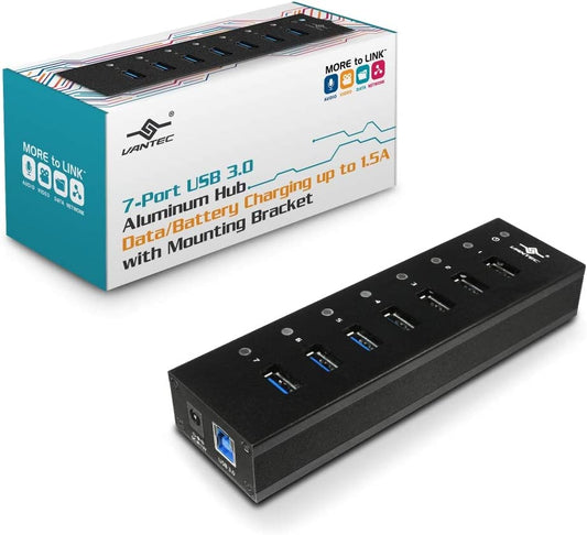 Vantec 7-Port USB 3.0 Hub, Aluminum, Full Powered, Mountable, with All Ports Data &amp; Charging Up to 1.5A, BC 1.2, Premium 12V/3A, 36W Power Adapter (UGT-AH710U3-BK),Black