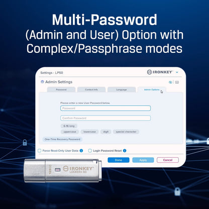 Kingston Ironkey Locker+ 50 32GB Encrypted USB Flash Drive | USB 3.2 Gen 1 | XTS-AES Protection | Multi-Password Security Options | Automatic Cloud Backup | Metal Casing | IKLP50/32GB