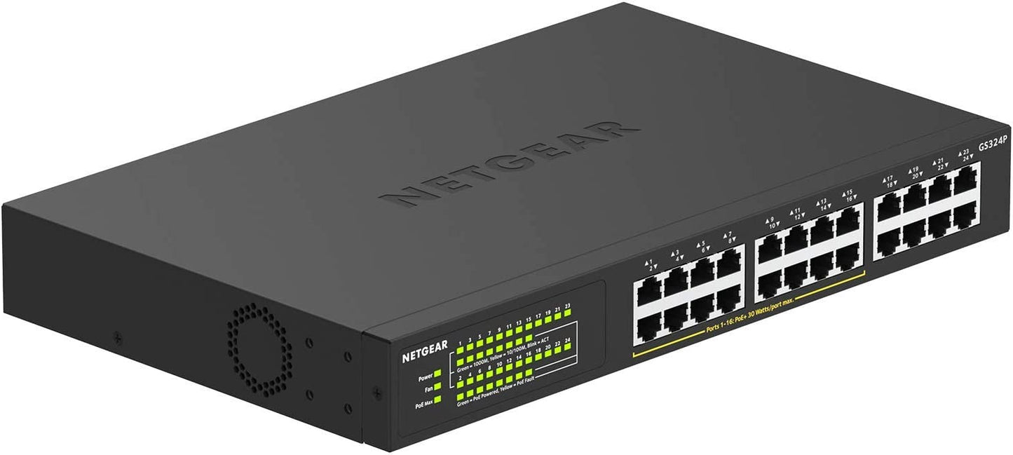NETGEAR 24-Port Gigabit Ethernet Unmanaged PoE+ Switch (GS324P) - with 16 x PoE+ @ 190W, Desktop or Rackmount Unmanaged 24 port | 16xPoE+ 190W
