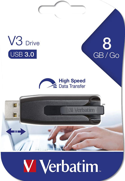 Verbatim 8GB USB 3.0 Store 'n' Go V3 Flash Drive - Cap-Less &amp; PC / Mac Compatible - Gray