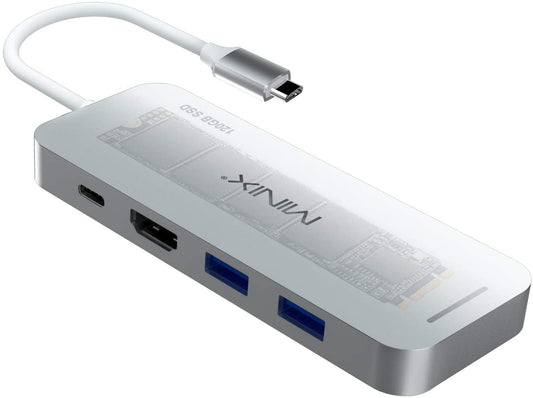 MINIX Storage, 120GB SSD Aluminum USB-C Multiport SSD Storage Hub with Display Output 4K @ 30Hz, 2 x USB 3.0 and USB-C for Power Delivery, Compatible for Apple MacBook. (Silver)