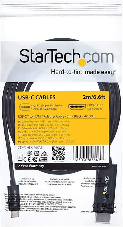 StarTech.com 6ft (2m) USB C to HDMI Cable - 4K 60Hz USB Type C to HDMI 2.0 Video Adapter Cable - Thunderbolt 3 Compatible - Laptop to HDMI Monitor/Display - DP 1.2 Alt Mode HBR2 - Black (CDP2HD2MBNL) 6 ft / 2 m Black