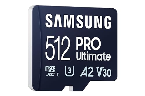 SSAMSUNG PRO Ultimate microSD Memory Card + Adapter, 512GB microSDXC, Up to 200 MB/s, 4K UHD, UHS-I, Class 10, U3,V30, A2 for Action Cam, Drone, Gaming, Phones, Tablets, MB-MY512SA/AM [Canada Version]
