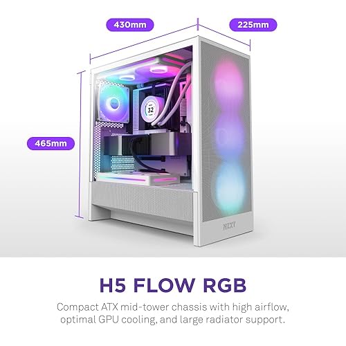 NZXT H5 Flow RGB 2024 - Compact ATX Mid-Tower PC Gaming Case - High Airflow - F360 RGB Core (CV) Included - 360mm Front & 240mm Top Radiator Support - Cable Management - Tempered Glass - White