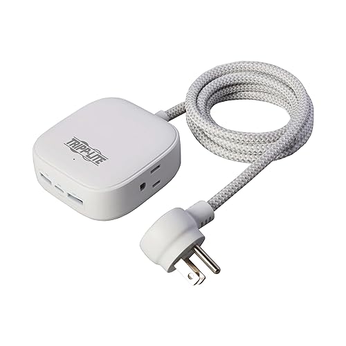 Tripp Lite Safe-IT Power Strip 2-Outlet + 3 USB Ports Long Extension Cord, 2 USB-A + 1 USB-C Charging, Flat Plug, UL Certified, White, 6 Foot Cord, (PS26PD32WCAM)