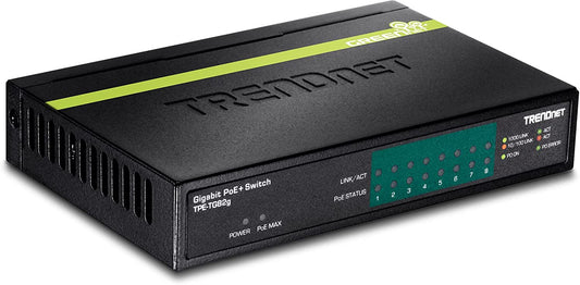 TRENDnet 8-Port GREENnet Gigabit PoE+ Switch, Supports PoE and PoE+ Devices, 61W PoE Budget, 16Gbps Switching Capacity, Data &amp; Power Via Ethernet to PoE Access Points &amp; IP Cameras, Black, TPE-TG82G 61W 8-Port
