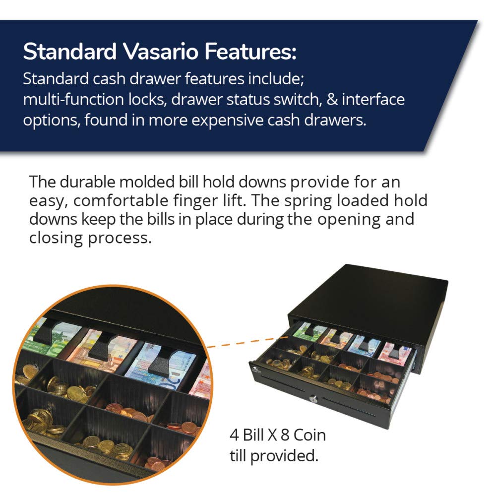 APG Standard- Duty 16” Electronic Point of Sale Cash Drawer | Vasario Series VB320-1-BL1616-B5 | with CD-101A Cable | Printer Compatible | Plastic Till with 4 Bill/ 8 Coin Compartments | Black Printer-Driven 24V (with Cable) - Black 16" - 4x8