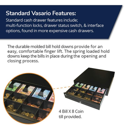 APG Standard- Duty 16” Electronic Point of Sale Cash Drawer | Vasario Series VB320-1-BL1616-B5 | with CD-101A Cable | Printer Compatible | Plastic Till with 4 Bill/ 8 Coin Compartments | Black Printer-Driven 24V (with Cable) - Black 16" - 4x8