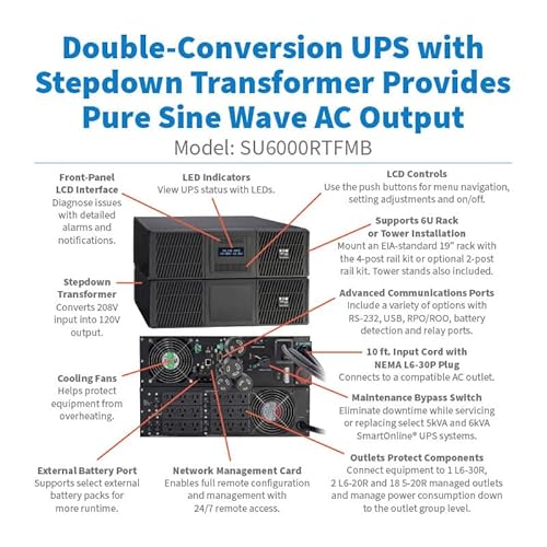 Eaton Tripp Lite SU6000RTFMB UPS 6000VA / 5400W, 208V with 120V Stepdown Transformer, Maintenance Switch, 21 Outlets, 6U Rack Mount, Network Card, Extended Run, 2-Year Warranty, $250,000 Insurance Transformer + Switch UPS 6000VA