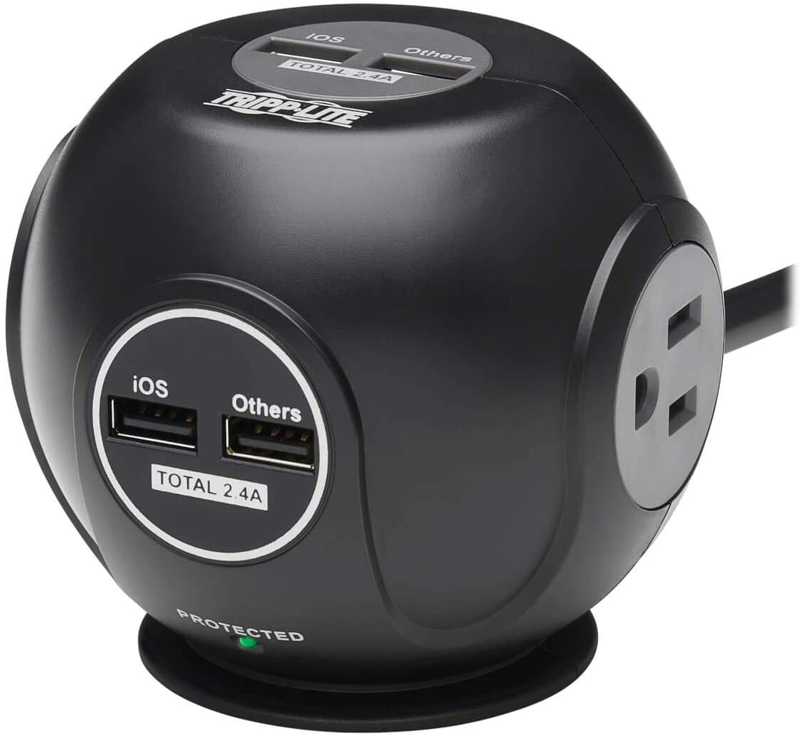 Tripp Lite Surge Protector 3-Outlet Spherical Surge Protector, 4 USB Ports (4.8A Shared) - 6-ft. (1.83 m) Cord, 5-15P Plug, 540 Joules, Black (TLP36USB)