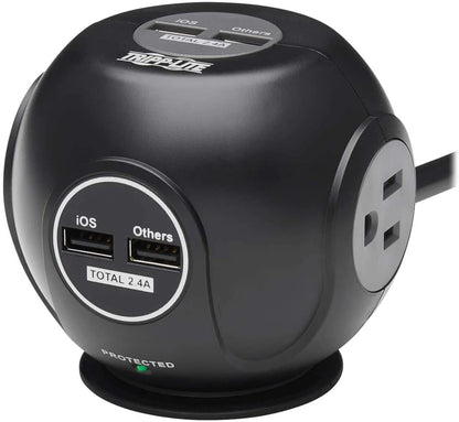 Tripp Lite Surge Protector 3-Outlet Spherical Surge Protector, 4 USB Ports (4.8A Shared) - 6-ft. (1.83 m) Cord, 5-15P Plug, 540 Joules, Black (TLP36USB)