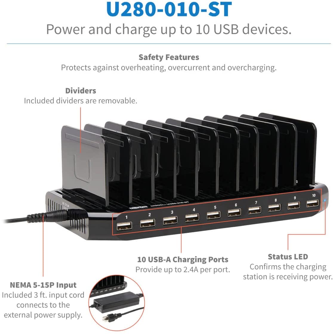 TRIPP LITE 10-Port USB Charging Station Dock with Storage Slots for Tablet iPhone iPad &amp; Laptops (U280-010-ST),Black