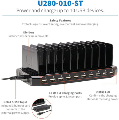 TRIPP LITE 10-Port USB Charging Station Dock with Storage Slots for Tablet iPhone iPad &amp; Laptops (U280-010-ST),Black