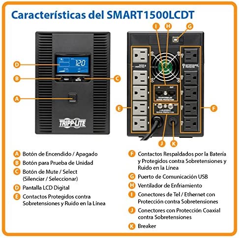 Tripp Lite SMART1500LCDT 1500VA 900W UPS Battery Back Up, AVR, LCD Display, Line-Interactive, 10 Outlets, 120V, USB, Tel &amp; Coax Protection, 3 Year Warranty &amp; Dollar 250,000 Insurance Black 1500VA Tower UPS
