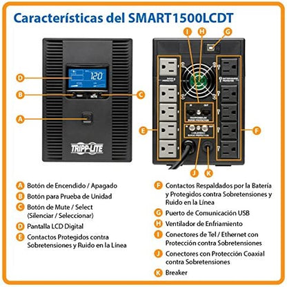 Tripp Lite SMART1500LCDT 1500VA 900W UPS Battery Back Up, AVR, LCD Display, Line-Interactive, 10 Outlets, 120V, USB, Tel &amp; Coax Protection, 3 Year Warranty &amp; Dollar 250,000 Insurance Black 1500VA Tower UPS