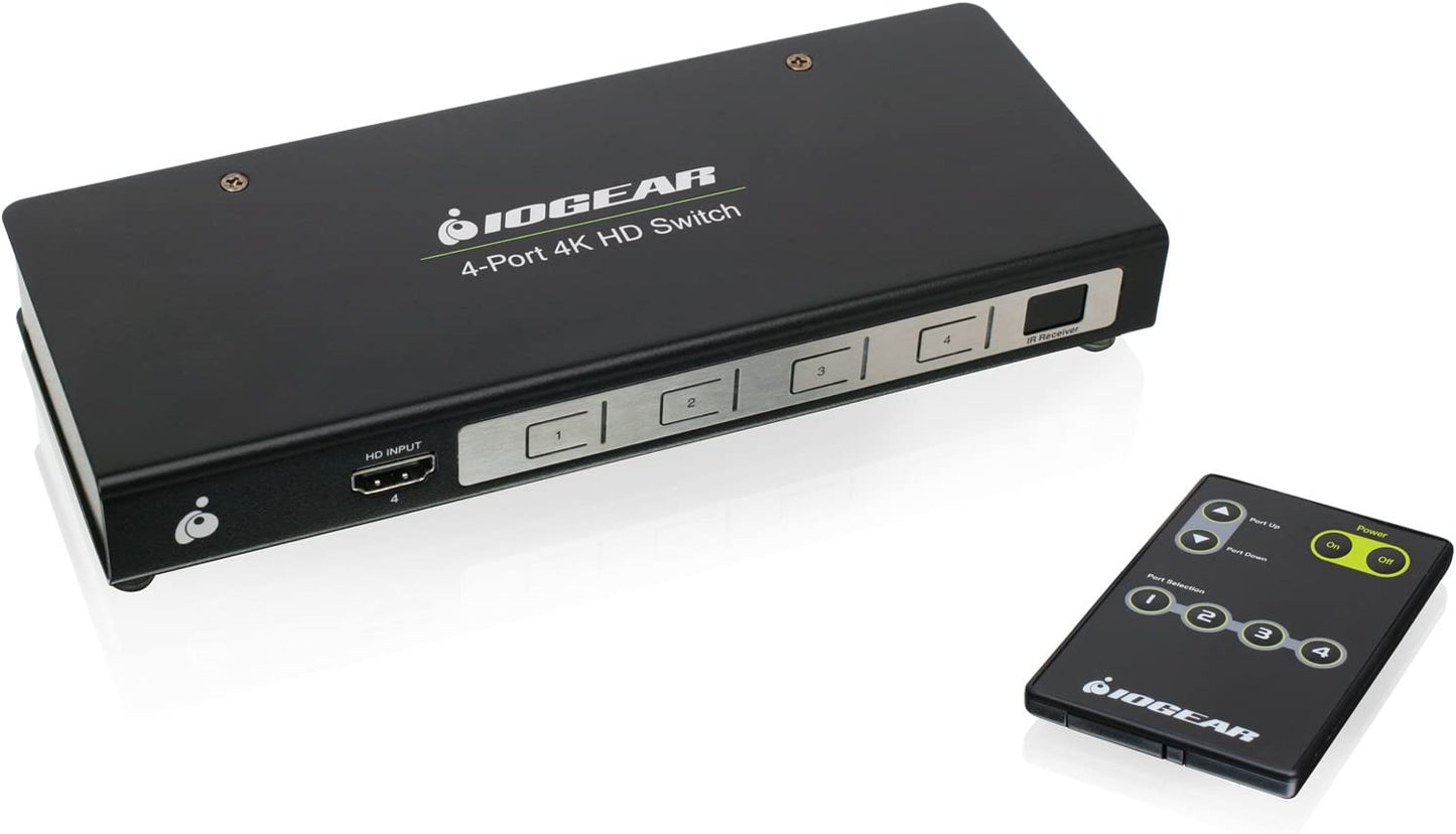 IOGEAR HDMI 4 Port Switch - 4K @ 60Hz - 4 In x 1 Out - True HD and DTS HD Master Audio - Auto Switch - IR Remote Control - Front panel LED - GHSW8441 4K 4-Port Switcher with HDMI
