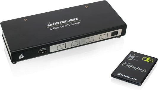 IOGEAR HDMI 4 Port Switch - 4K @ 60Hz - 4 In x 1 Out - True HD and DTS HD Master Audio - Auto Switch - IR Remote Control - Front panel LED - GHSW8441 4K 4-Port Switcher with HDMI
