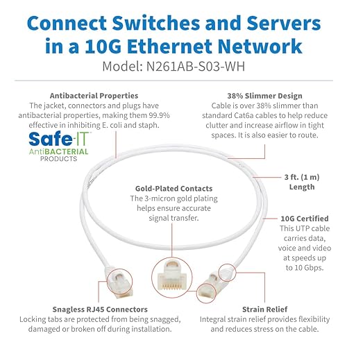 Tripp Lite, Safe-IT, Cat6a Ethernet Cable, Bacteria Resistant, 10G Certified Snagless, Slim UTP Jacket (RJ45 M/M), White, 3 Feet / 0.9 Meters, (N261AB-S03-WH)