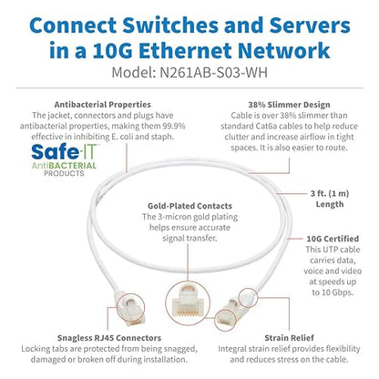 Tripp Lite, Safe-IT, Cat6a Ethernet Cable, Bacteria Resistant, 10G Certified Snagless, Slim UTP Jacket (RJ45 M/M), White, 3 Feet / 0.9 Meters, (N261AB-S03-WH)