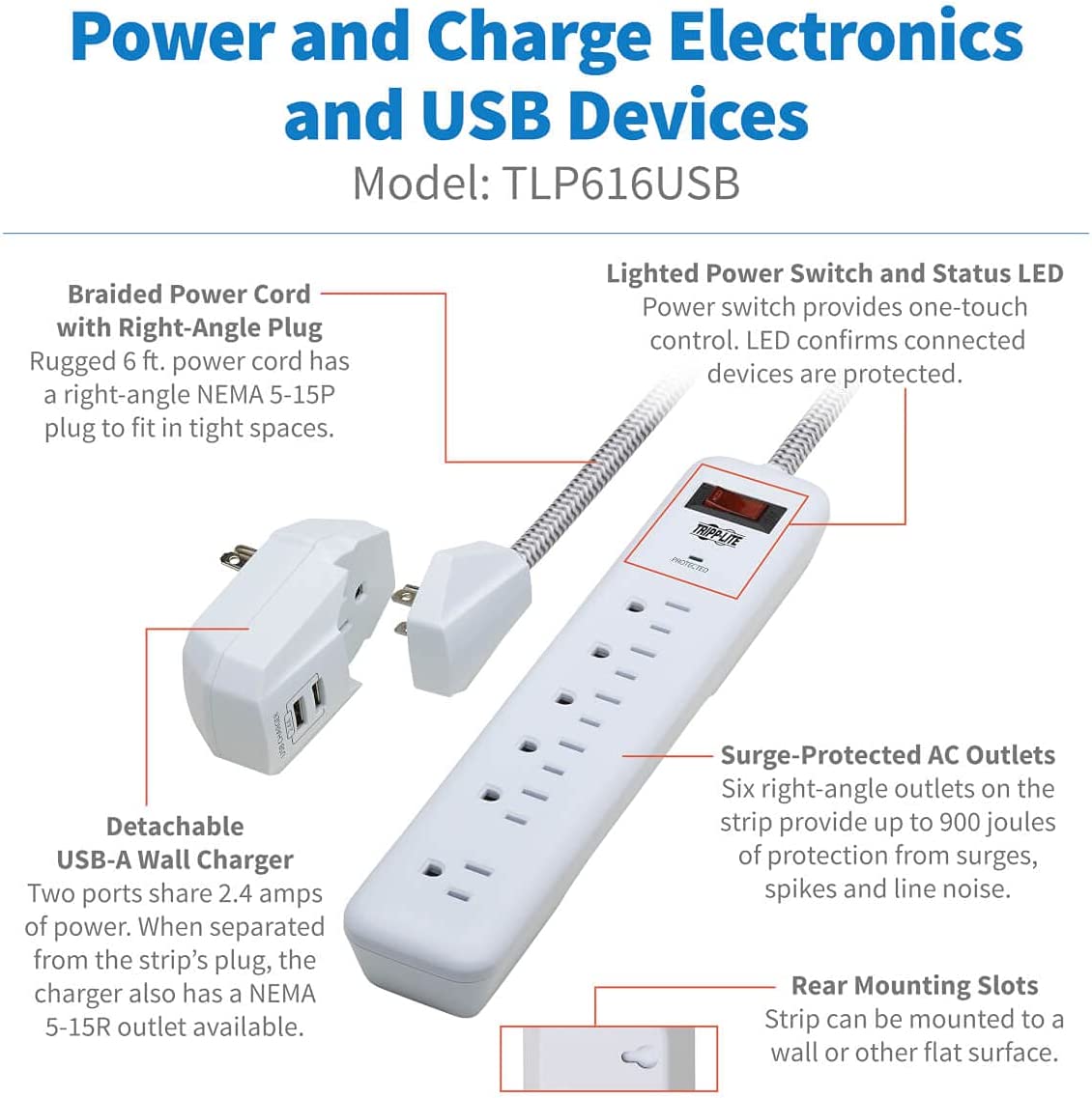 Tripp Lite Surge Protector Power Strip 7-Outlet with 2 USB Ports 6ft Cord White (TLP616USB)