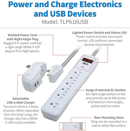 Tripp Lite Surge Protector Power Strip 7-Outlet with 2 USB Ports 6ft Cord White (TLP616USB)