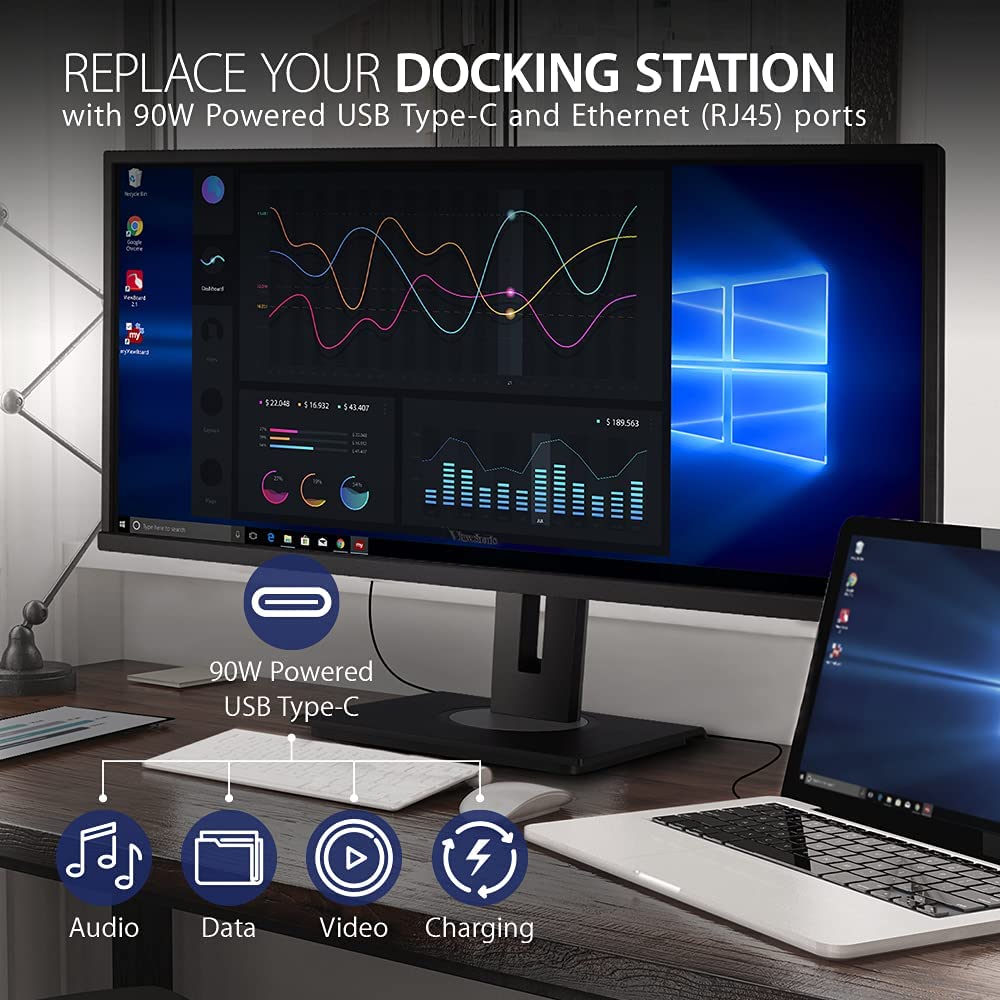ViewSonic VG3456 34 Inch 21:9 UltraWide WQHD 1440p Monitor with Ergonomics Design USB Type C Docking Built-In Gigabit Ethernet for Home and Office 34-Inch 1440p