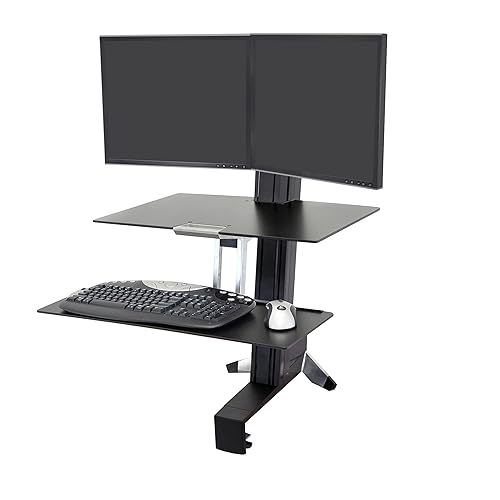 Ergotron – WorkFit-S Dual Monitor Standing Desk Converter, Sit Stand Workstation for Tabletops – With Worksurface, Black With Worksurface Black
