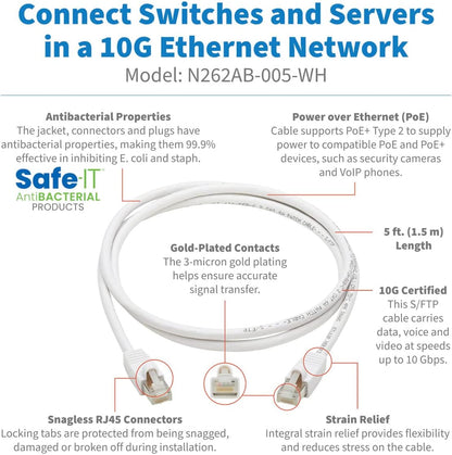 Tripp Lite, Safe-IT, Cat6a, 10G Certified, Snagless, Antibacterial, S/FTP Ethernet Cable, (RJ45 M/M), PoE, White, 5 ft. (N262AB-005-WH)