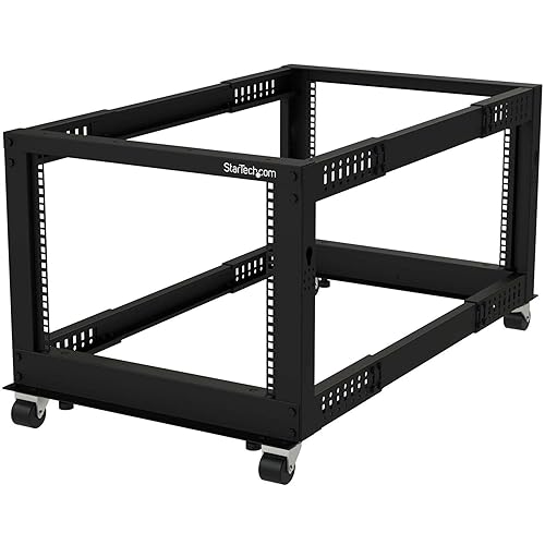 StarTech.com 4-Post 8U Mobile Open Frame Server Rack, 19in Network Rack with Wheels, Small Rolling Rack for Computer/AV/Data/IT Equipment, Casters, Leveling Feet or Floor Mounting (4POSTRACK8U) 8U Rack