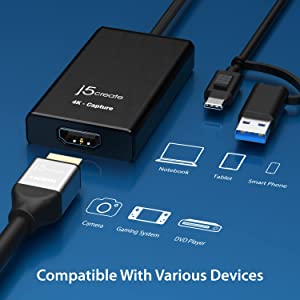 Jcreate j5create 4K HDMI Video Capture Card, DSLR Cam Link, Game Capture Adapter for Game Live, Broadcasting, Streaming, Video Conference | Support 4K30, 2K60, 1080p120 (JVA11)