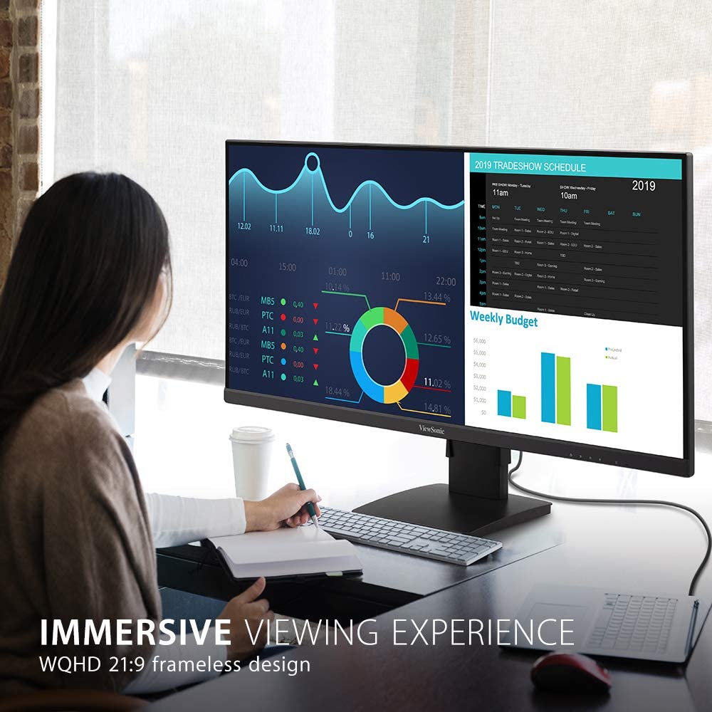 ViewSonic VA3456-MHDJ 34 Inch 21:9 UltraWide WQHD 1440p IPS Monitor with Ultra-Thin Bezels, Ergonomics Design, HDMI, and DisplayPort Inputs for Home and Office 34-Inch