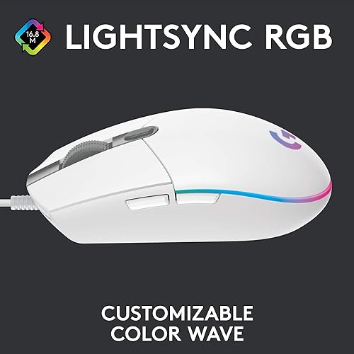 Logitech G203 Wired Gaming Mouse, 8,000 DPI, Rainbow Optical Effect LIGHTSYNC RGB, 6 Programmable Buttons, On-Board Memory, Screen Mapping, PC/Mac Computer and Laptop Compatible - White White Mouse